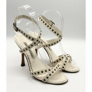 Manolo Blahnik White Leather Strappy Sandals Heels Bronze Grommet Detail EU 36